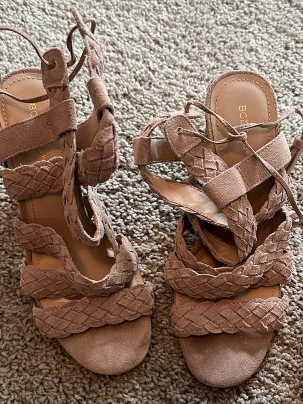 BCBGeneration Braided Lace-Up Heels in Taupe